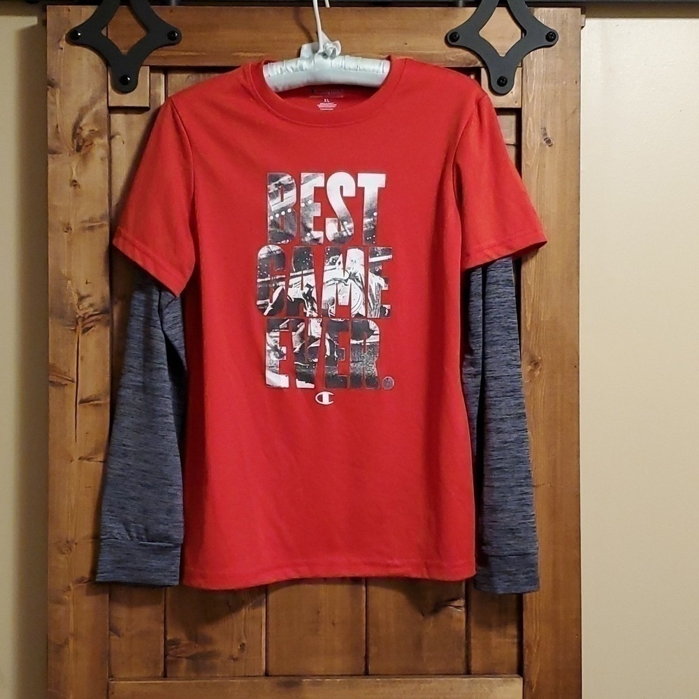 Champion Red Grey Mock Short Sleeve Athletic Top Size XL